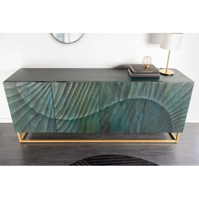 Buffet SCORPION 180 cm – Bois massif de manguier turquoise, détails dorés et façade 3D sculptée