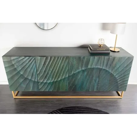 Buffet SCORPION 180 cm – Bois massif de manguier turquoise, détails dorés et façade 3D sculptée