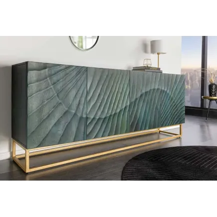 Buffet SCORPION 180 cm – Bois massif de manguier turquoise, détails dorés et façade 3D sculptée 2