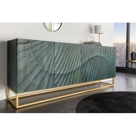 Buffet SCORPION 180 cm – Bois massif de manguier turquoise, détails dorés et façade 3D sculptée