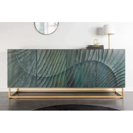 Buffet SCORPION 180 cm – Bois massif de manguier turquoise, détails dorés et façade 3D sculptée