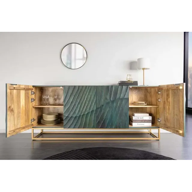 Buffet SCORPION 180 cm – Bois massif de manguier turquoise, détails dorés et façade 3D sculptée