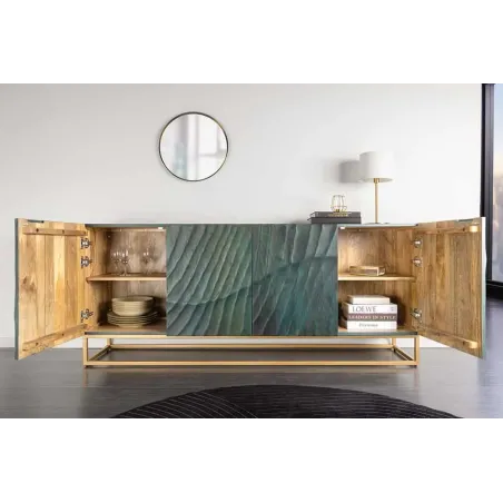 Buffet SCORPION 180 cm – Bois massif de manguier turquoise, détails dorés et façade 3D sculptée