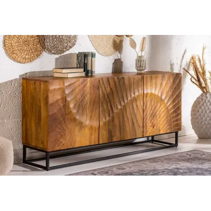 Buffet SCORPION 140 cm – Bois massif de manguier brun, piètement métal noir, façades sculptées 3D 2