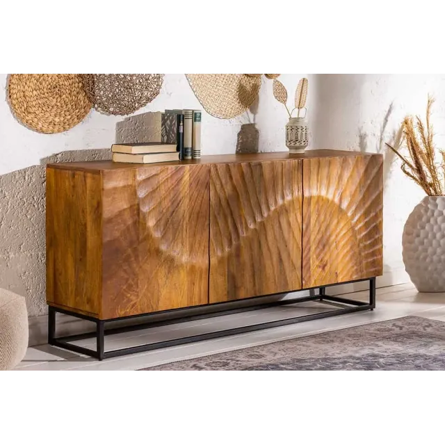 Buffet SCORPION 140 cm – Bois massif de manguier brun, piètement métal noir, façades sculptées 3D