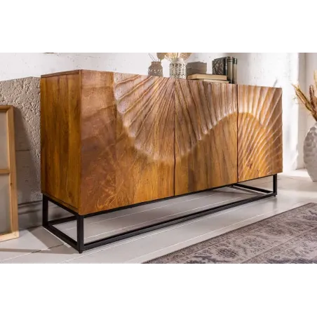 Buffet SCORPION 140 cm – Bois massif de manguier brun, piètement métal noir, façades sculptées 3D