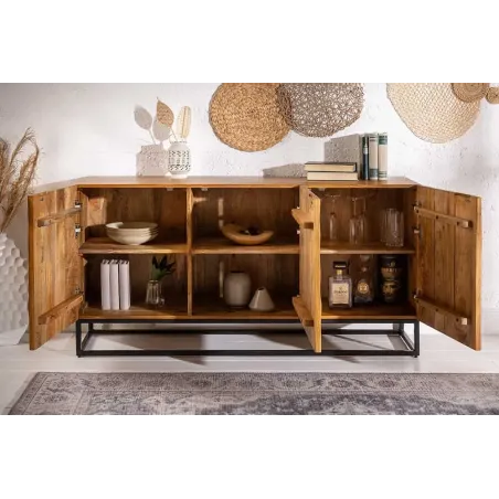Buffet SCORPION 140 cm – Bois massif de manguier brun, piètement métal noir, façades sculptées 3D
