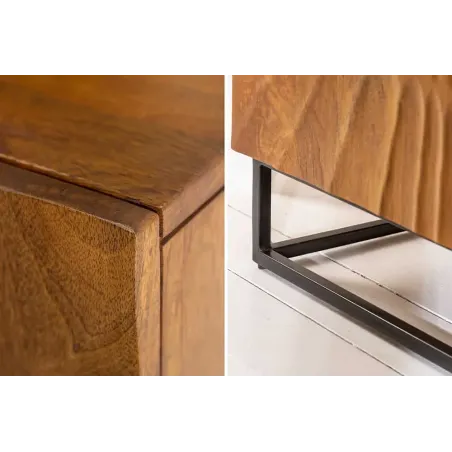 Buffet SCORPION 140 cm – Bois massif de manguier brun, piètement métal noir, façades sculptées 3D