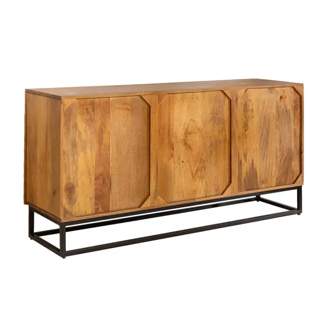 Buffet SCORPION 140 cm – Bois massif de manguier brun, piètement métal noir, façades sculptées 3D