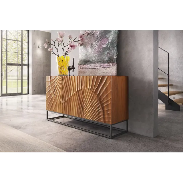 Buffet SCORPION 140 cm – Bois massif de manguier brun, piètement métal noir, façades sculptées 3D