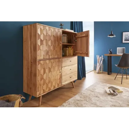 Highboard en bois massif d’acacia MYSTIC salon – 140 cm, finition naturelle avec 3D surface artisanale 2