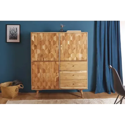 Highboard en bois massif d’acacia MYSTIC salon – 140 cm, finition naturelle avec 3D surface artisanale 2