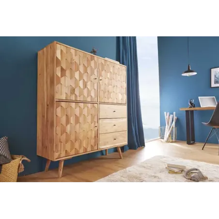 Highboard en bois massif d’acacia MYSTIC salon – 140 cm, finition naturelle avec 3D surface artisanale