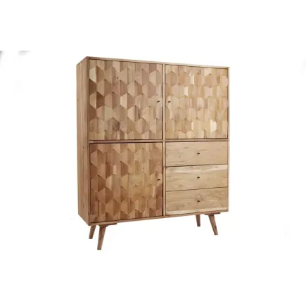 Highboard en bois massif d’acacia MYSTIC salon – 140 cm, finition naturelle avec 3D surface artisanale