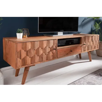 Meuble TV en bois massif d’acacia MYSTIC salon – 140 cm, finition naturelle avec surface 3D artisanale 2