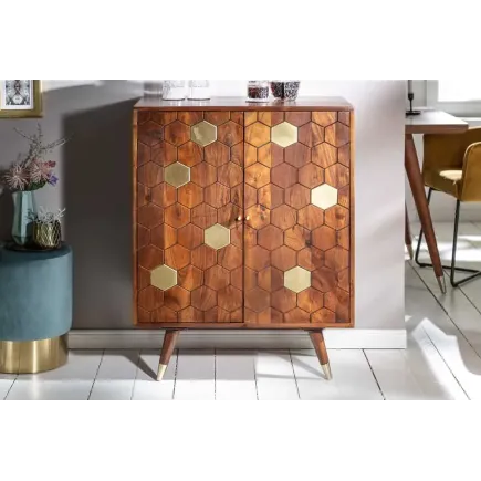 Barschrank en bois massif d’acacia MYSTIC salon – 75 cm, finition brun-or, design rétro avec rangements intégrés 2