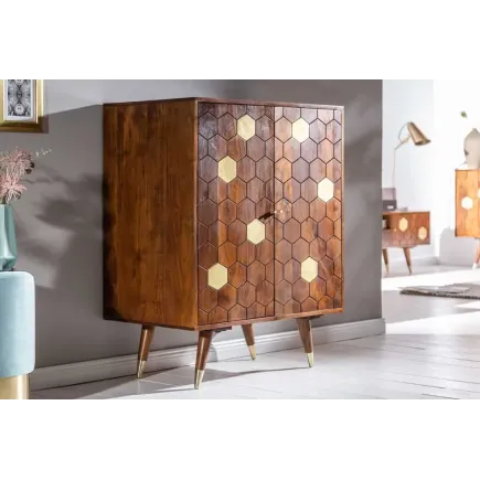 Barschrank en bois massif d’acacia MYSTIC salon – 75 cm, finition brun-or, design rétro avec rangements intégrés 2