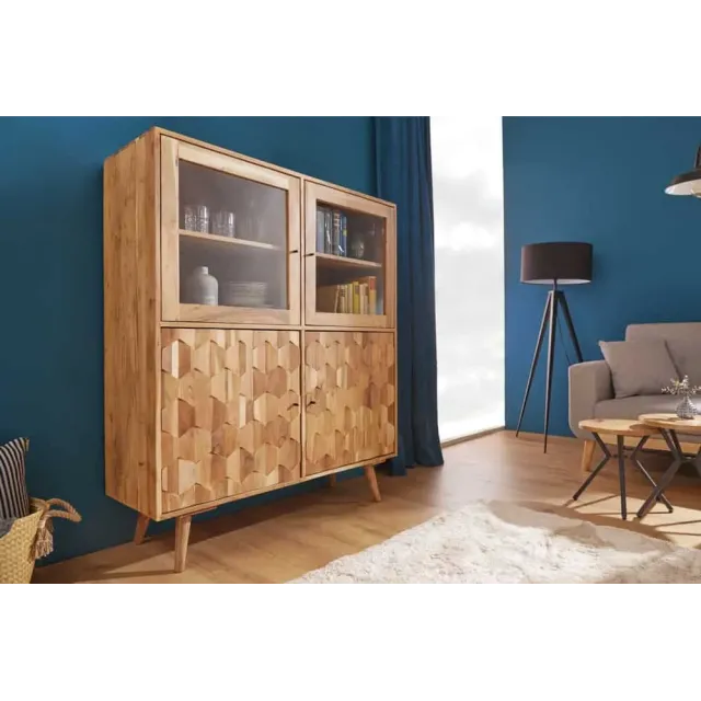 Highboard vitrine en bois massif d’acacia MYSTIC salon – 140 cm, finition naturelle avec surface 3D artisanale