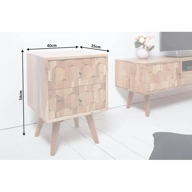 Chevet MYSTIC LIVING 60 cm en bois massif d’acacia – Naturel 3D avec rangement