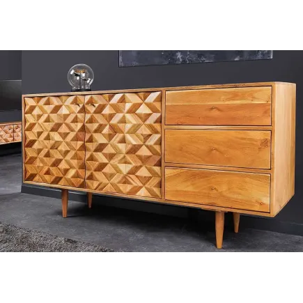 Buffet en bois massif d'acacia 145 cm – Finition miel, design rétro & poignées dorées 2