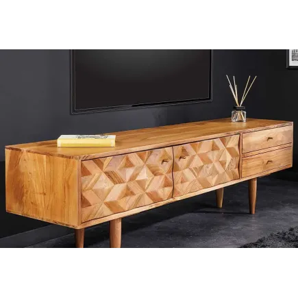 Meuble TV en bois massif d’acacia 145 cm – Finition miel rétro avec poignées dorées