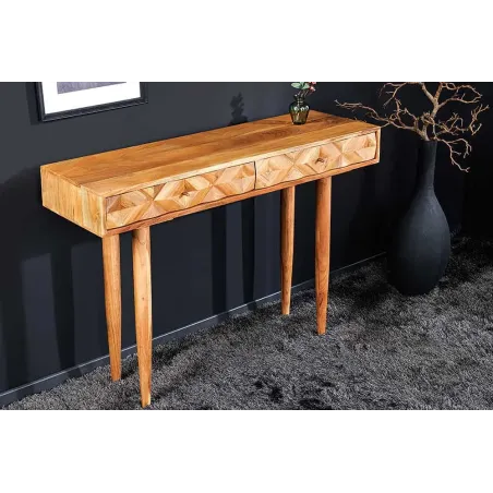 Console en bois massif d'acacia 105 cm – Finition miel rétro avec tiroirs et poignées dorées