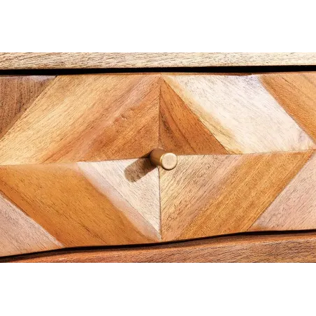 Console en bois massif d'acacia 105 cm – Finition miel rétro avec tiroirs et poignées dorées