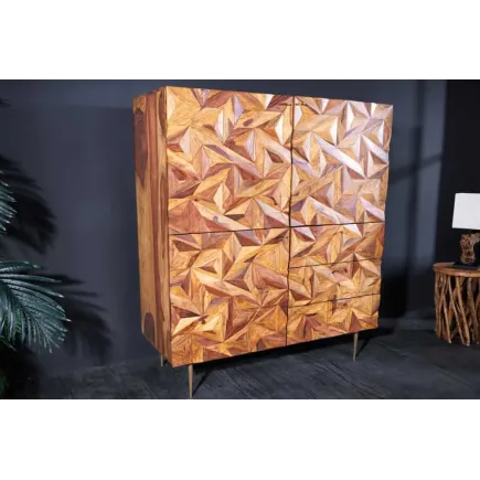 Buffet haut en bois massif Sheesham 135 cm – Design 3D artisanal & pieds dorés mat