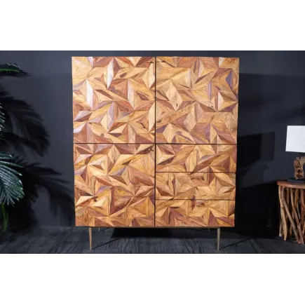 Buffet haut en bois massif Sheesham 135 cm – Design 3D artisanal & pieds dorés mat 2