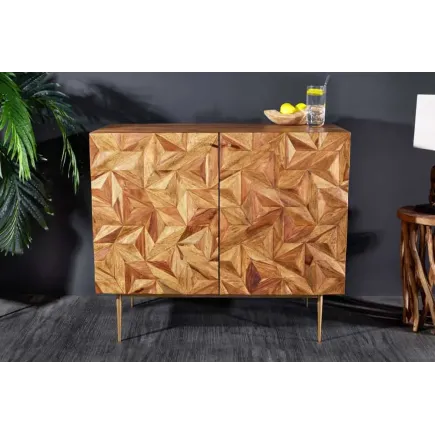 Barschrank en bois massif Sheesham 90 cm – Tapis Design 3D artisanal & pieds dorés
