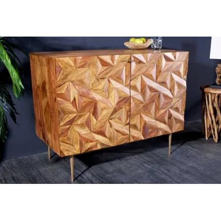 Barschrank en bois massif Sheesham 90 cm – Tapis Design 3D artisanal & pieds dorés 2