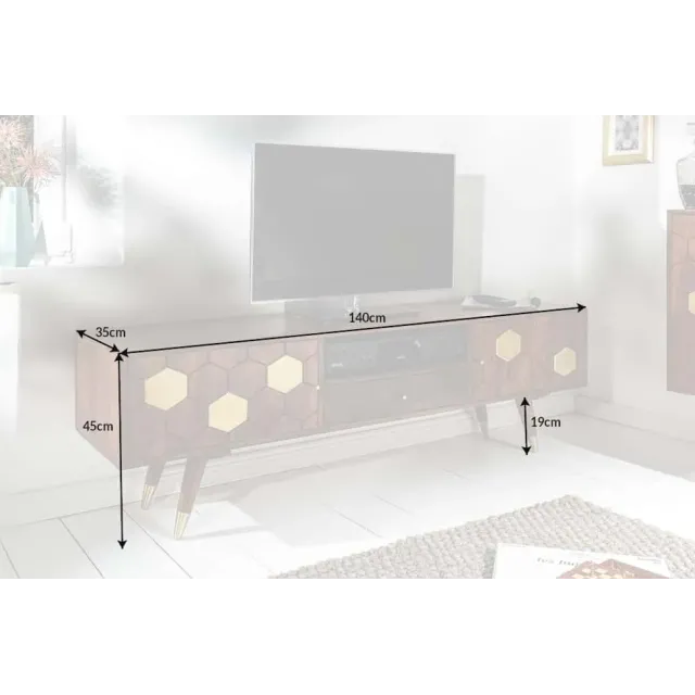 Meuble TV bas MYSTIC salon 140 cm – Bois massif d’acacia brun & détails dorés – Design rétro chic