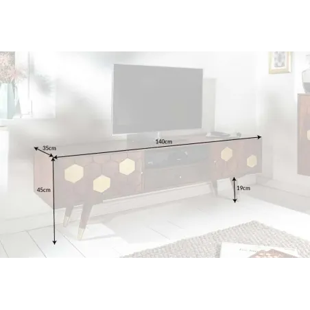 Meuble TV bas MYSTIC salon 140 cm – Bois massif d’acacia brun & détails dorés – Design rétro chic