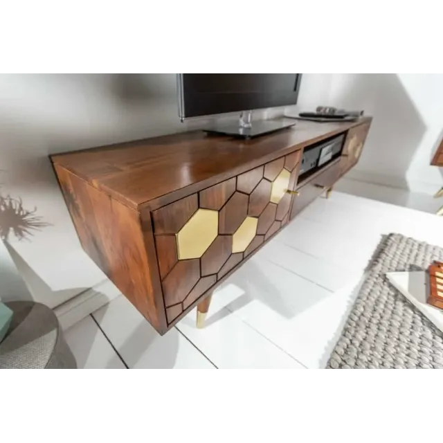 Meuble TV bas MYSTIC salon 140 cm – Bois massif d’acacia brun & détails dorés – Design rétro chic