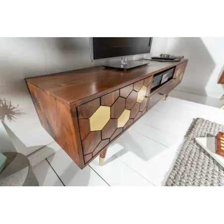Meuble TV bas MYSTIC salon 140 cm – Bois massif d’acacia brun & détails dorés – Design rétro chic
