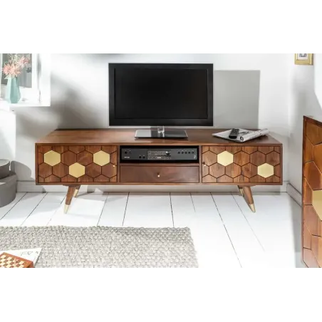 Meuble TV bas MYSTIC salon 140 cm – Bois massif d’acacia brun & détails dorés – Design rétro chic