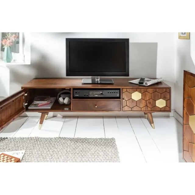 Meuble TV bas MYSTIC salon 140 cm – Bois massif d’acacia brun & détails dorés – Design rétro chic