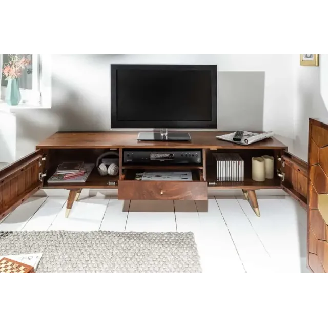 Meuble TV bas MYSTIC salon 140 cm – Bois massif d’acacia brun & détails dorés – Design rétro chic