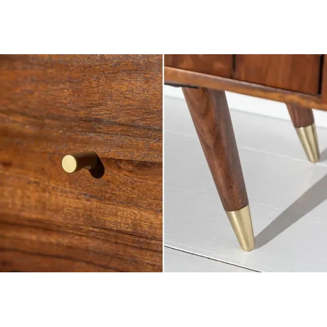 Meuble TV bas MYSTIC salon 140 cm – Bois massif d’acacia brun & détails dorés – Design rétro chic