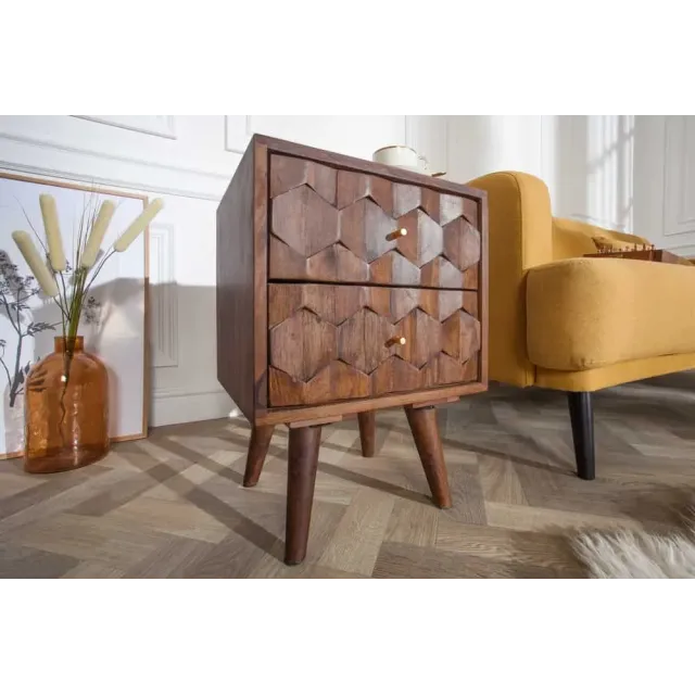 Table de chevet / Beistelltisch MYSTIC salon 40 cm – Bois massif d’acacia brun avec surface 3D sculptée à la main