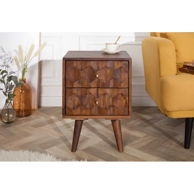 Table de chevet / Beistelltisch MYSTIC salon 40 cm – Bois massif d’acacia brun avec surface 3D sculptée à la main