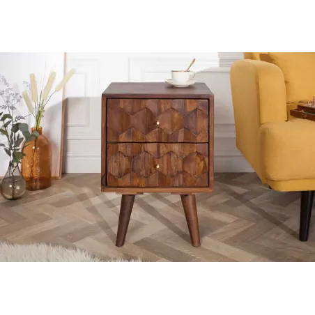 Table de chevet / Beistelltisch MYSTIC salon 40 cm – Bois massif d’acacia brun avec surface 3D sculptée à la main