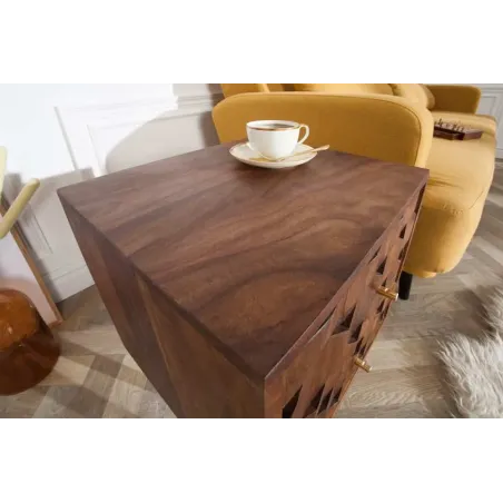 Table de chevet / Beistelltisch MYSTIC salon 40 cm – Bois massif d’acacia brun avec surface 3D sculptée à la main