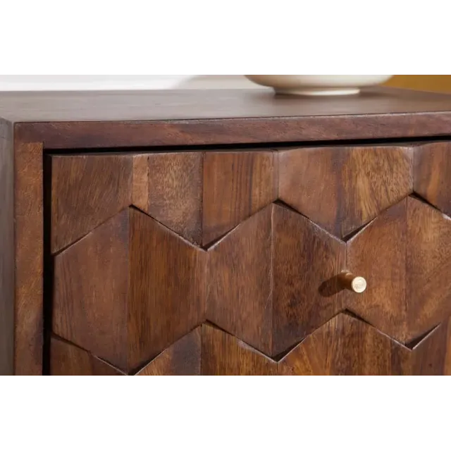 Table de chevet / Beistelltisch MYSTIC salon 40 cm – Bois massif d’acacia brun avec surface 3D sculptée à la main