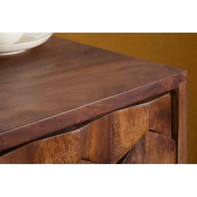 Table de chevet / Beistelltisch MYSTIC salon 40 cm – Bois massif d’acacia brun avec surface 3D sculptée à la main