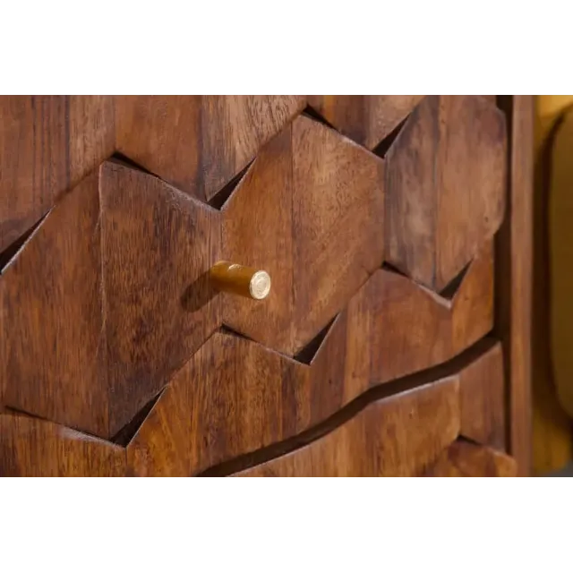 Table de chevet / Beistelltisch MYSTIC salon 40 cm – Bois massif d’acacia brun avec surface 3D sculptée à la main