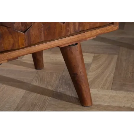 Table de chevet / Beistelltisch MYSTIC salon 40 cm – Bois massif d’acacia brun avec surface 3D sculptée à la main