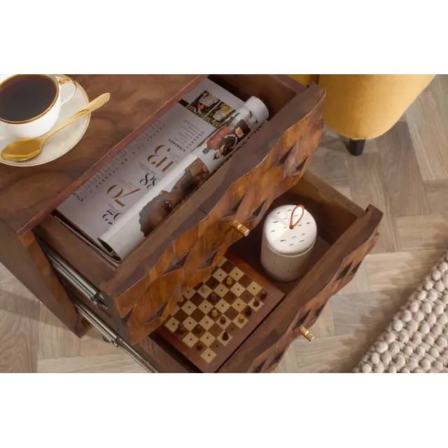 Table de chevet / Beistelltisch MYSTIC salon 40 cm – Bois massif d’acacia brun avec surface 3D sculptée à la main