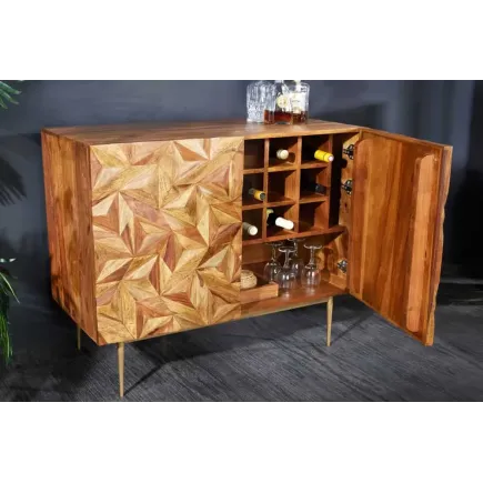 Bar en bois massif ALPINE 90 cm – Sheesham finition stone & pieds métal doré mat – Style rétro artisanal 2