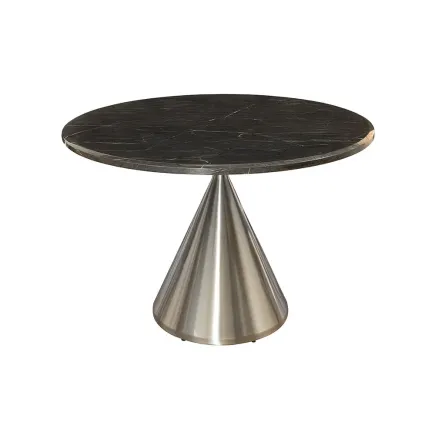 Table ronde ELEGANCIA 130 cm – Plateau en marbre noir et pied colonne en acier chromé